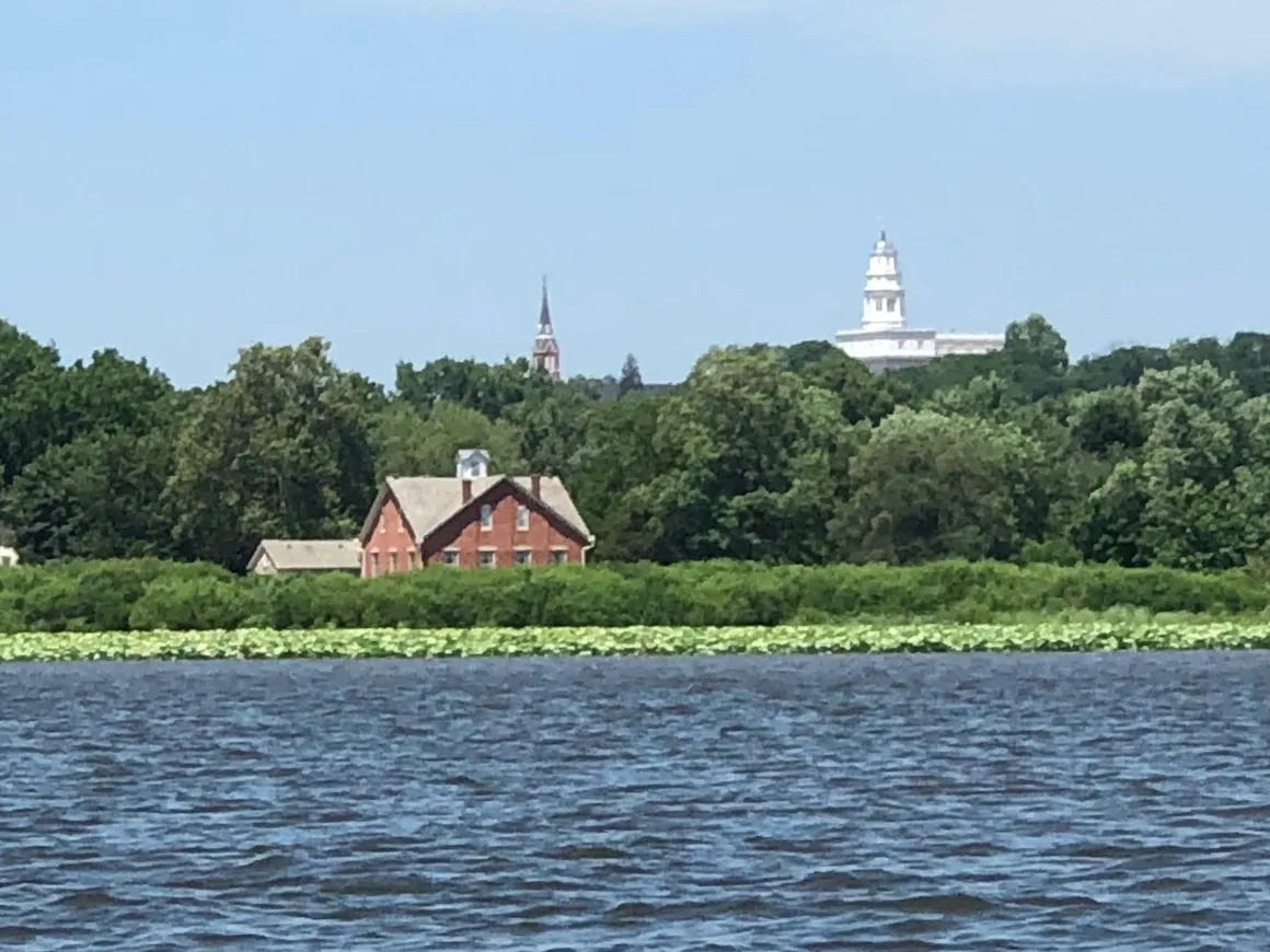 View of Nauvoo temple from boat, up the river a few miles