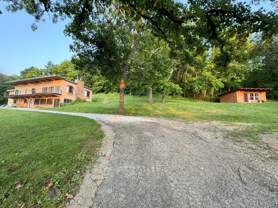 From driveway:  Lodge on left, cabin on right