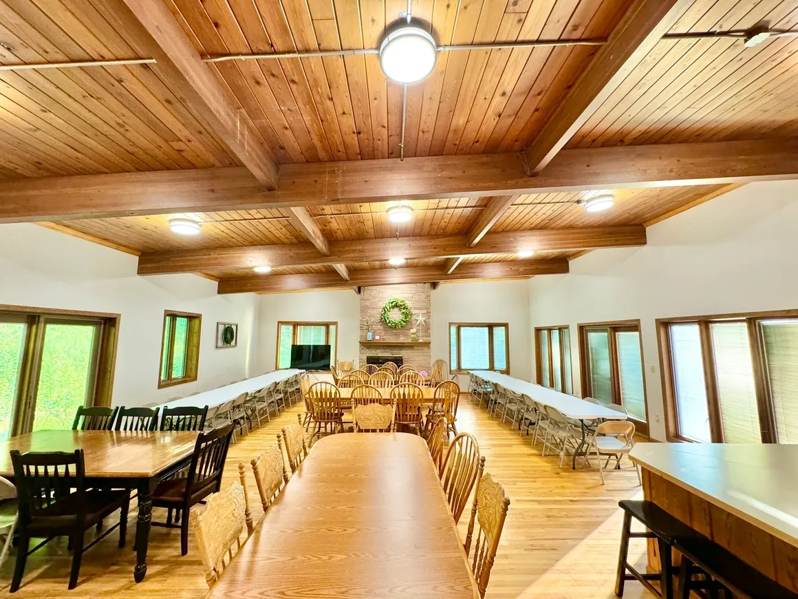 Dining room, upstairs next to kitchen, seats 80, Roku TV available